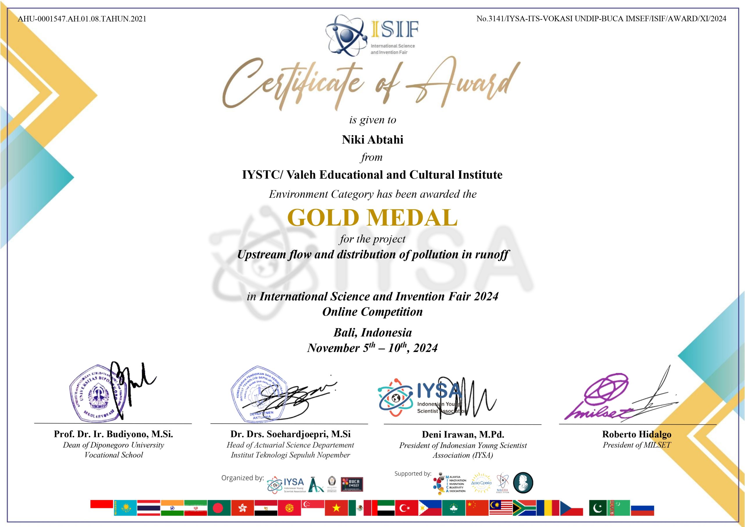 سرتیفیکیت طلا مسابقه جهانی علوم و اختراعات اندونزی 2024